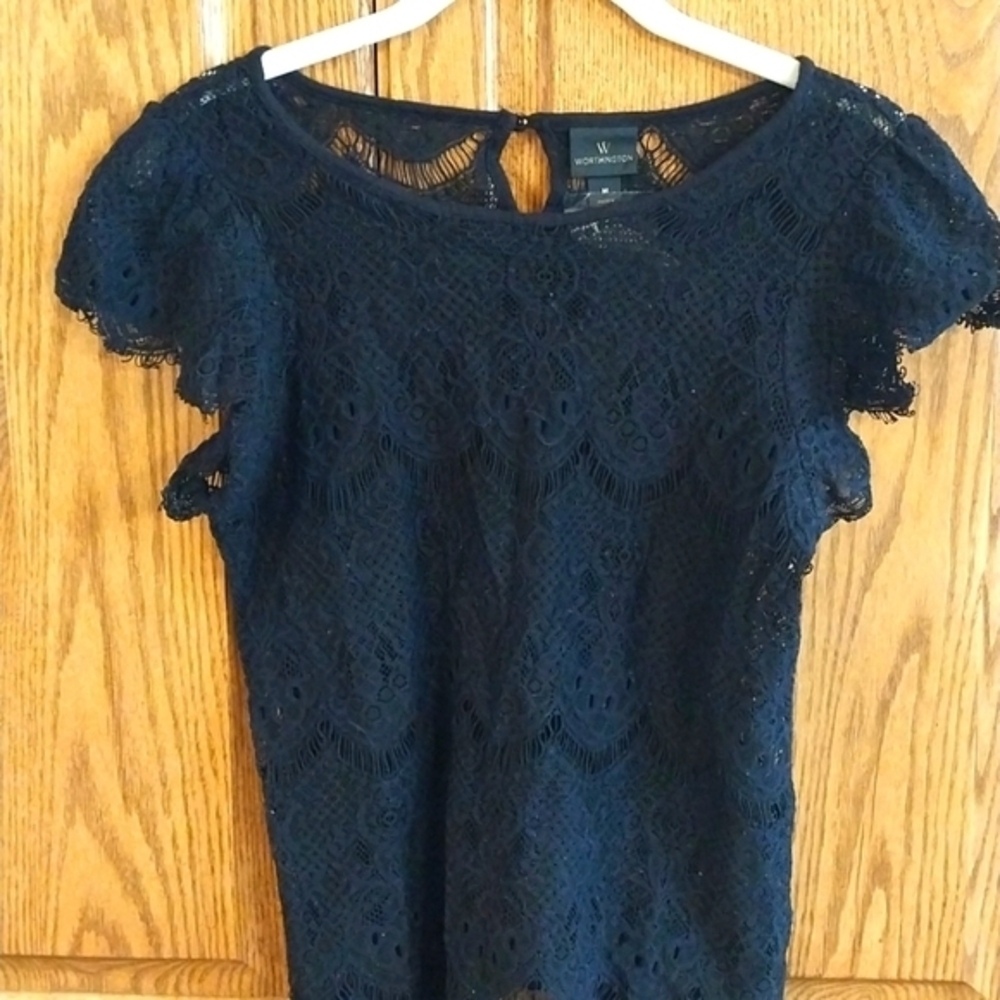 Worthington Women's Vintage Black Lace Sheer Short Sleeve Top Size Medium Nylon - Picture 3 of 8